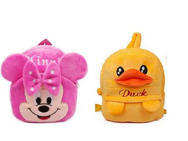 Heaven Decor Minnie And Duck Combo Soft Velvet Kids School Bag Nursury Class To 5,  14 Inch  , A055