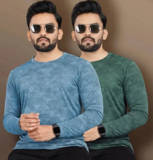 Printed Round Neck Polyester T-Shirts (Pack of 2) for Men (Green, M)