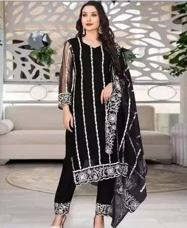 Net Solid Kurta Set with Dupatta for Women (Black, XS)