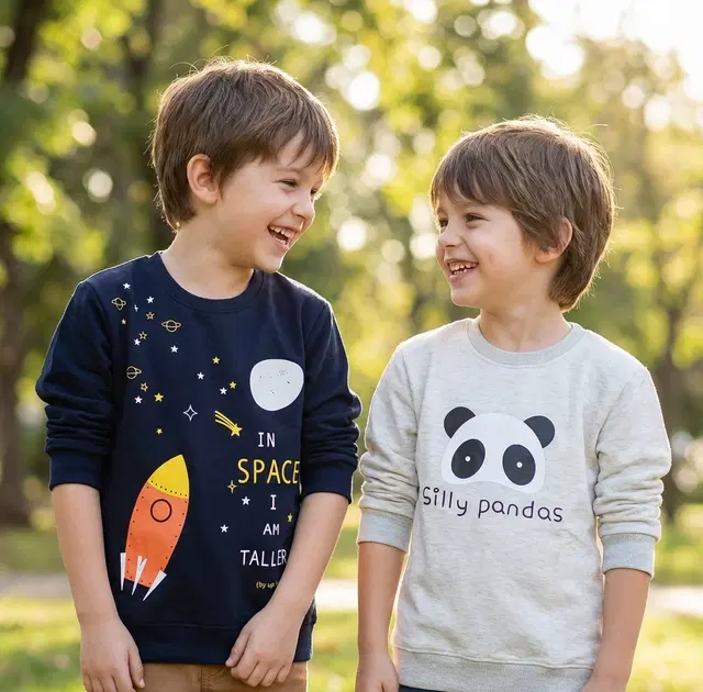Round Neck Printed Wool Sweat Shirt For Boys, Multicolour (3-4 Years) ,Pack Of 2
