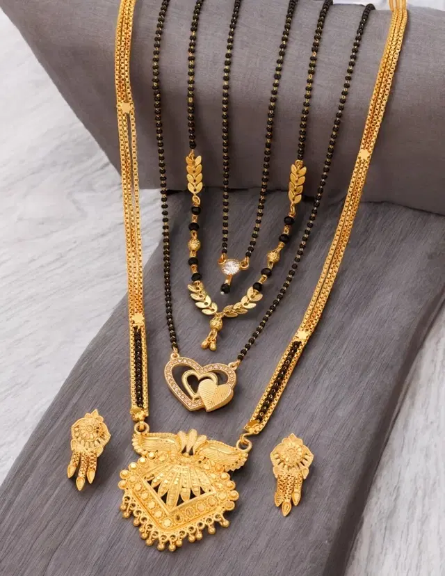 Combo of 4 Pcs Mangalsutras with Earrings Set for Women, Set of 5 (Gold)