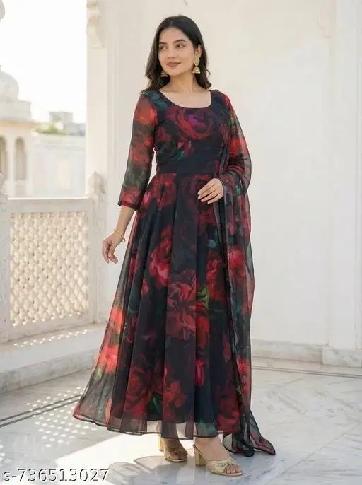 Georgette Printed anarkali Gown for Women ( Black ,XXL)