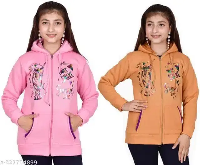 Woolen Full Sleeves Hooded Sweatshirts for Girls, Pack of 2 (Pink & Orange, 10-11 Years)