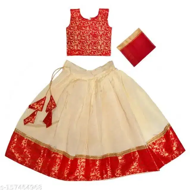 Taffeta Silk Lehenga with Choli & Dupatta for Girls (Red & White, 12-18 Months)