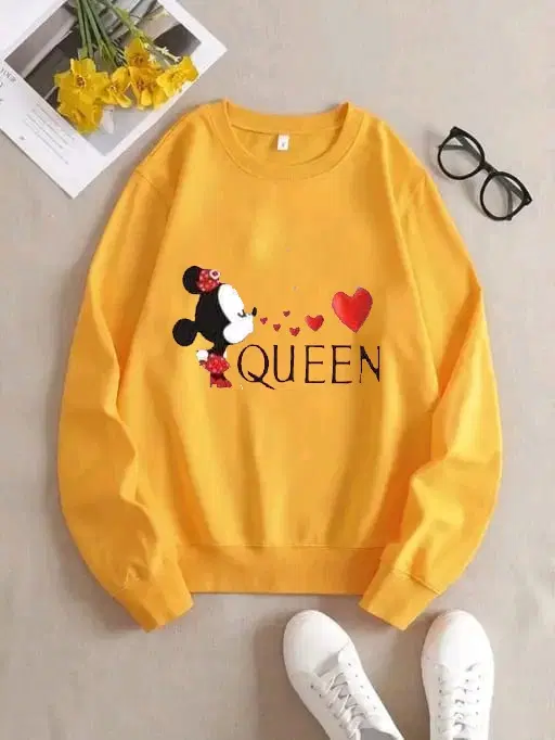 Fleece Printed Sweatshirt for Women (Mustard, S)
