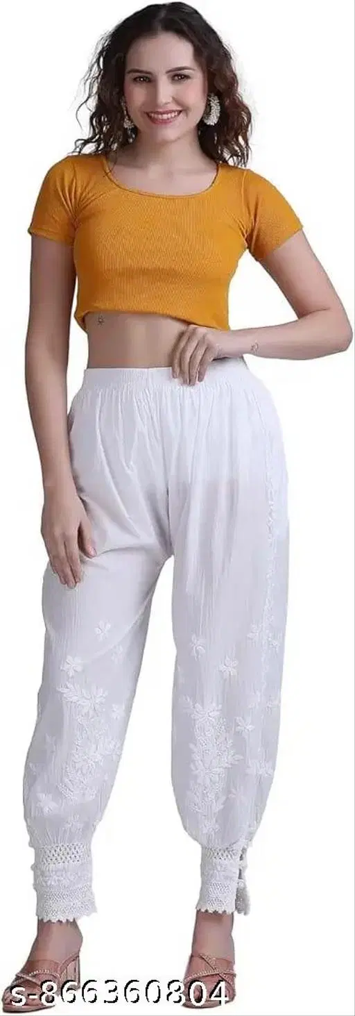 Embroidered Cotton Blend Salwar for Women (White, M)