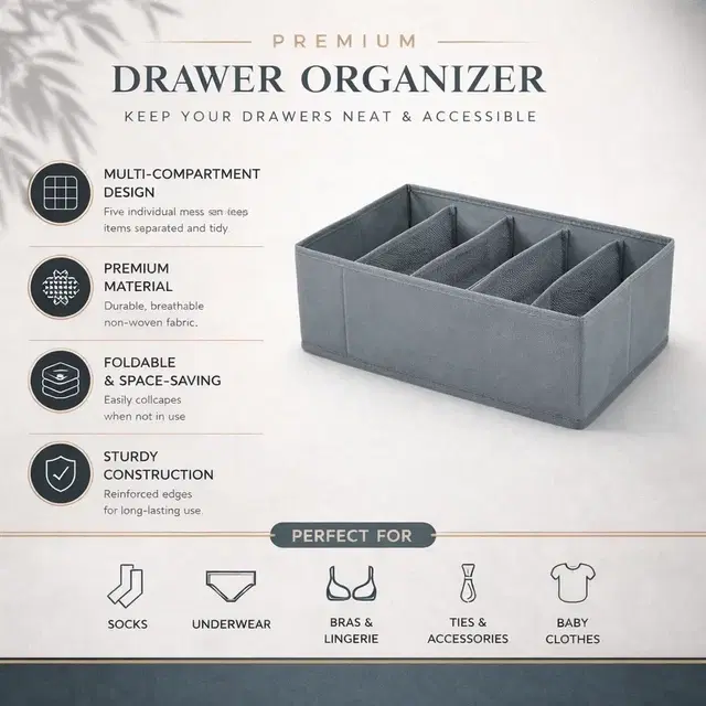 Wardrobe Clothes Organizer, Nonwoven Fabric Durable with 6 Grids partition 32*15*10cm