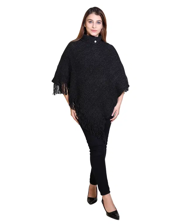 Woolen Self-Design Ponchos for Women (Black, M)