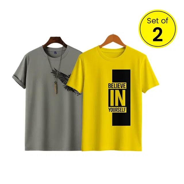 Round Neck T-Shirt for Men, Pack of 2, Grey & Yellow (L)