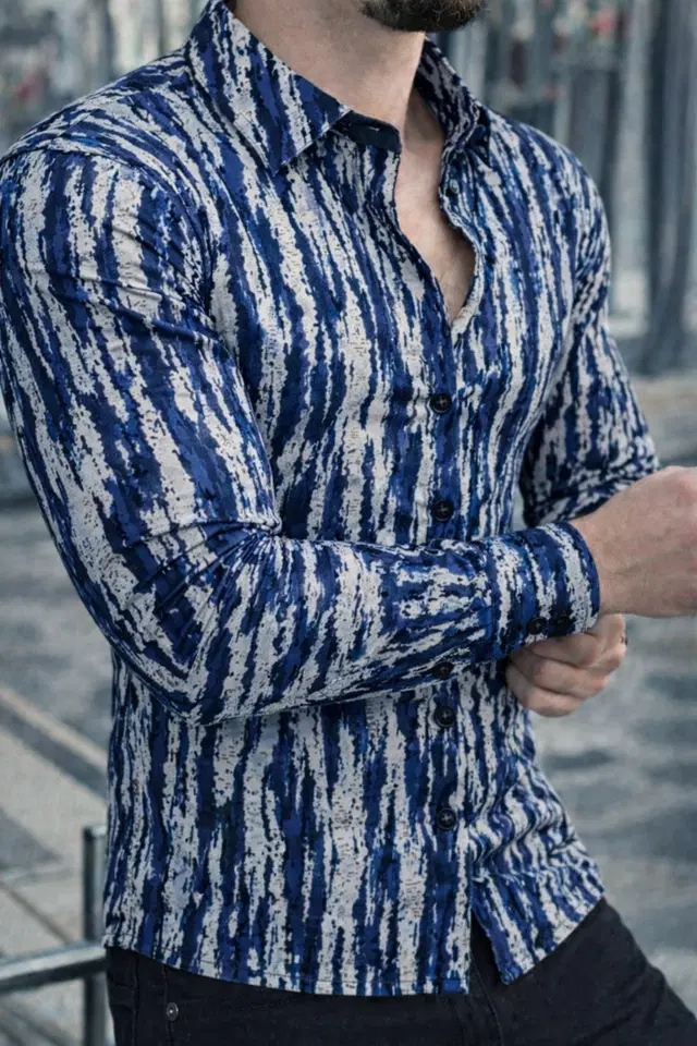 Lycra Geometric Print Shirt for Men, Blue (L)