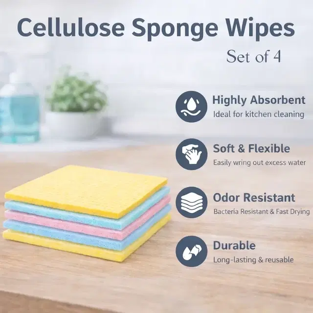 Cellulose Sponge Absorbent Cleaning Cloth, Extra Tough Multi-Use, 4 Pieces