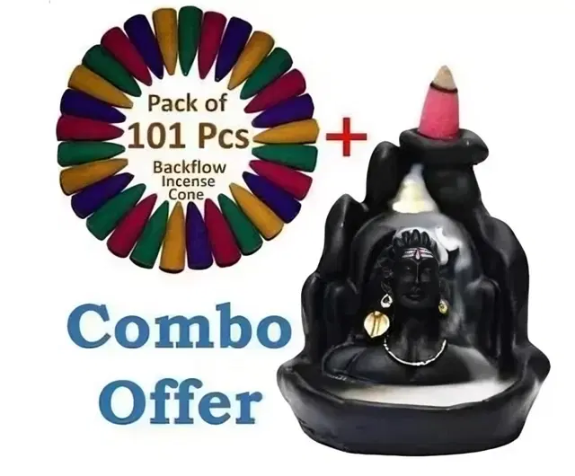 Poly Resin Decorative Aadiyogi Mahadev Incense Holder with 101 Pcs Cones, Multicolor, Set of 1
