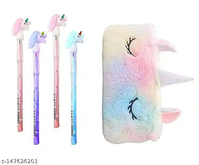 Unicorn Theme Pencil Case with 4 Pcs Pencils, Multicolor, Set of 2