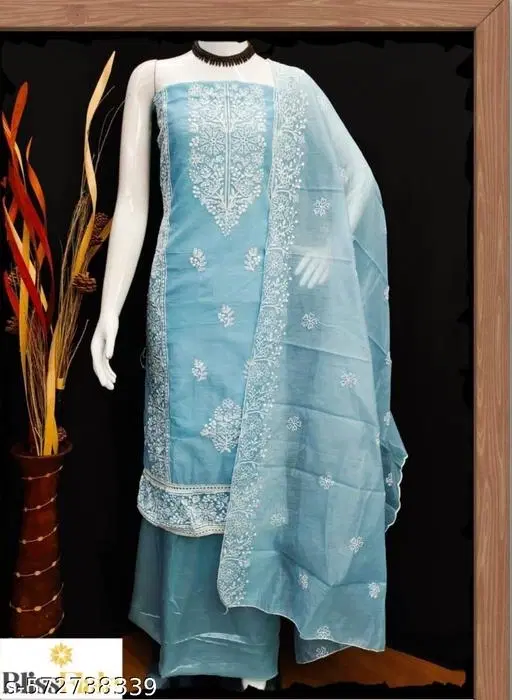 Embroidered Pakistani Suits Semi-Stitched Suits for Women (Blue, Un Stitched)