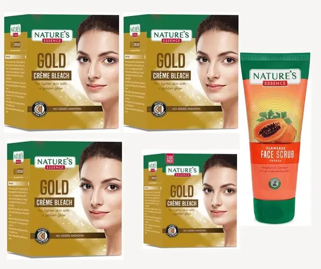 Combo of Nature's Essence 3 Pcs, 43 g & 1 Pc, 21 g Gold Bleach Cream with Papaya De-Pigmentation Face Scrub, 50 g, Set of 5
