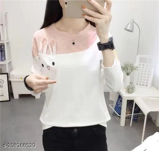 Cotton Blend Printed T-Shirt for Women, White & Pink (S)