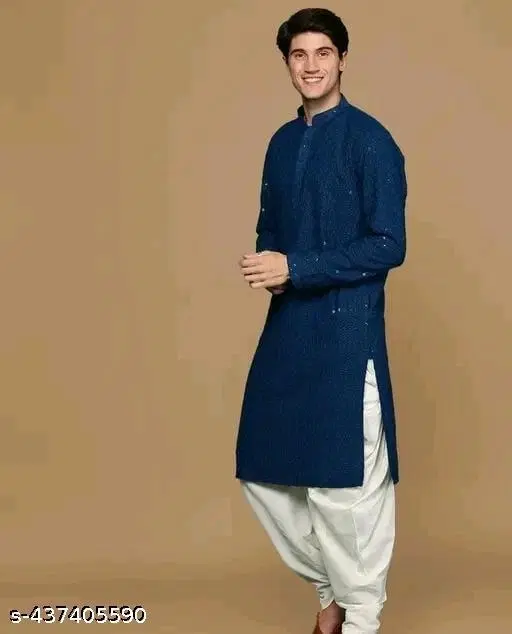 Chikankari Mandarin Neck Kurta for Men (Navy Blue, XXS)