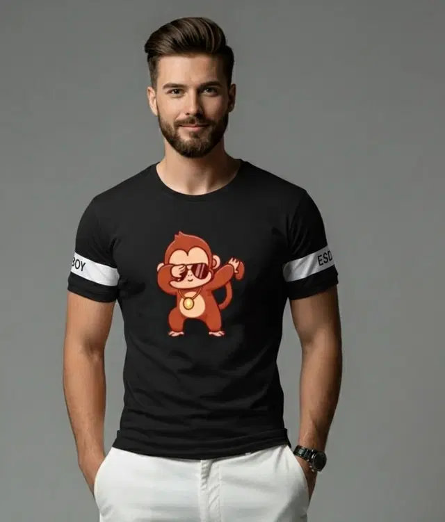 Polyester Printed T-shirt for Men, Black (XL)