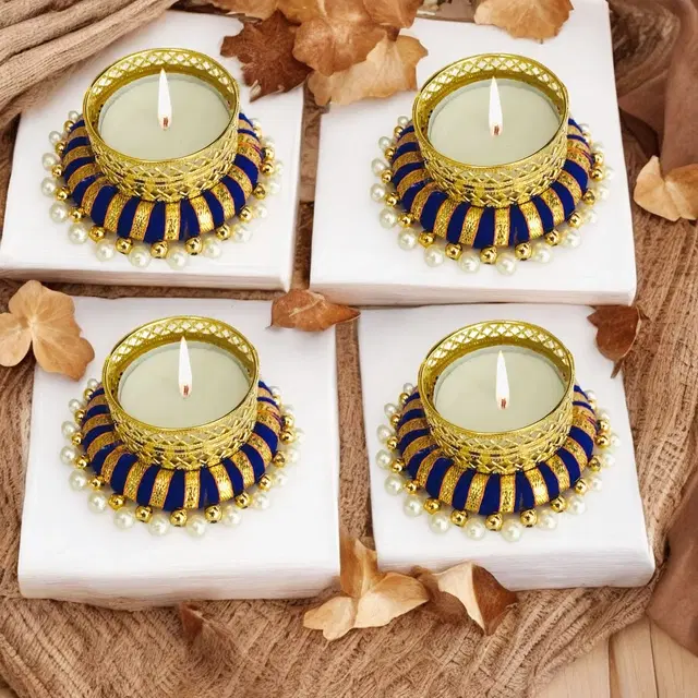 Metal Designer Tealight Candle Holder, Blue, 7.8x7.8x3 cm, Pack of 4