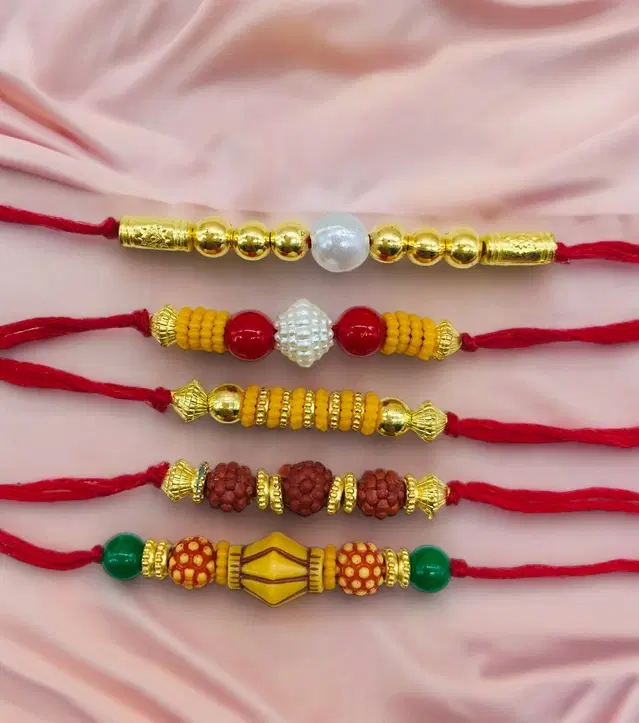 Handmade Designer Rakhi with Roli Chawal, Multicolor, Pack of 5