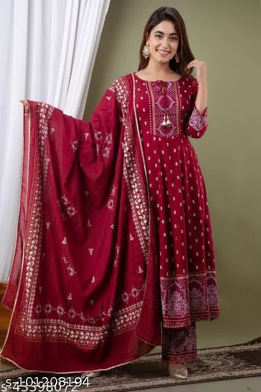 Rayon Printed Anarkali Kurti with Pant & Dupatta Set for Women, Maroon (M)