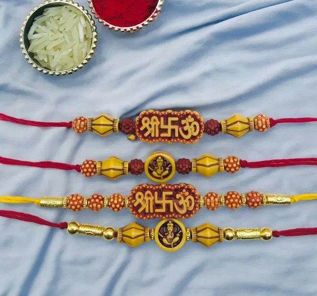 Handmade Designer Rakhi with Roli Chawal, Multicolor, Pack of 4