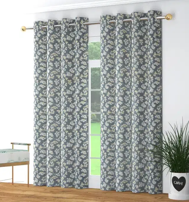 Floral Printed Curtains, Pack of 2, Grey, 5 feet