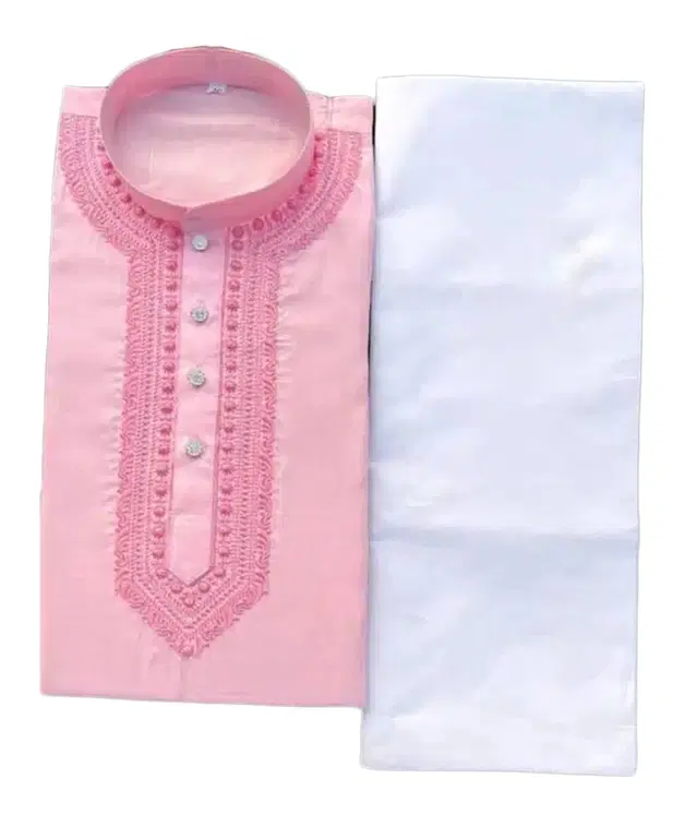 Cotton Blend Embroidered Kurta Set for Men (Pink & White, L)