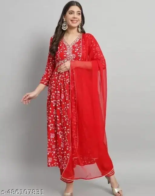 Rayon Aliya Cut Embroidered Kurti with Pant & Dupatta Set for Women, Red (S)