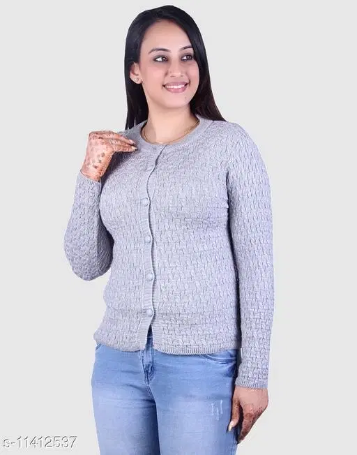 Acrylic Solid Sweater for Women (Grey, M)
