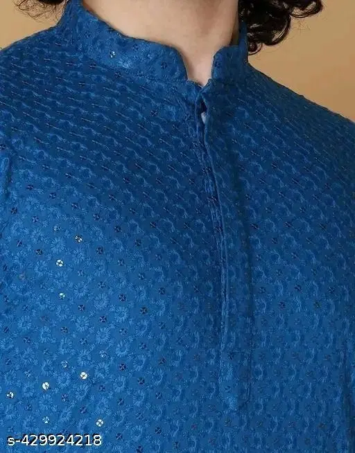 Embroidered Mandarin Neck Kurta for Men (Blue, XXS)