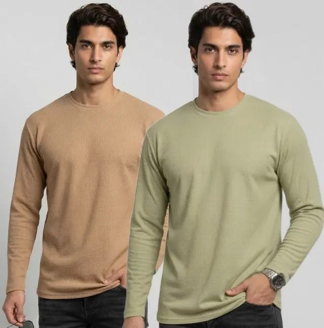 Polyester T-shirt for Men, Beige & Pista, Pack of 2 (M)