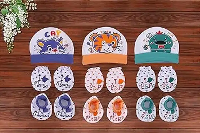 Cotton Printed Cap, Mittens and Booties for New Born Baby, Set of 3 (Multicolor, 0-6 Months)