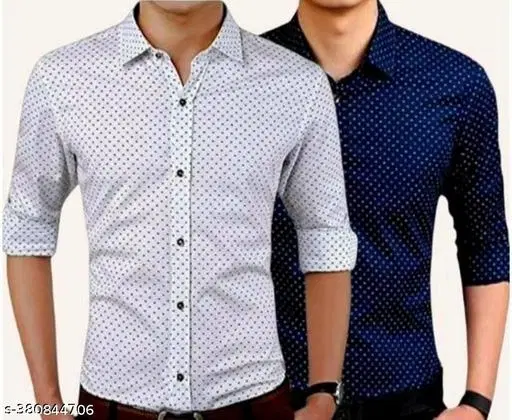 Cotton Blend Printed Shirts for Men, White & Blue, Pack of 2 (XL)