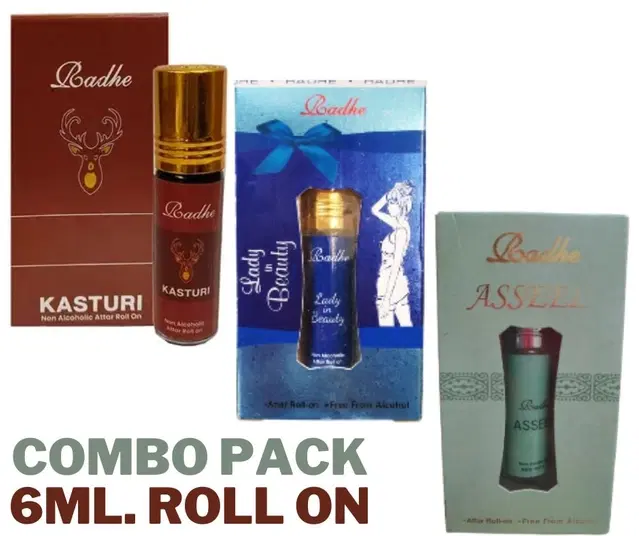 Combo of Radhe Asseel with Kasturi & Lady In Beauty Non Alcoholic Roll On Attars for Men & Women, 6 ml, Pack of 3