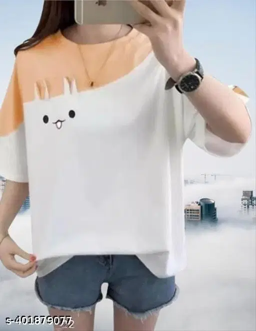 Cotton Blend Printed T-Shirt for Women, White & Orange (S)