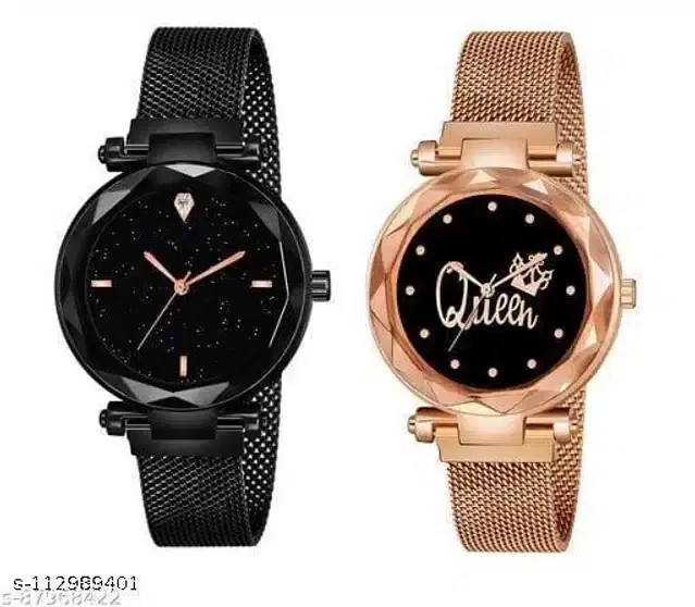 Analog Watch for Women, Set of 2 (Rose Gold & Black)