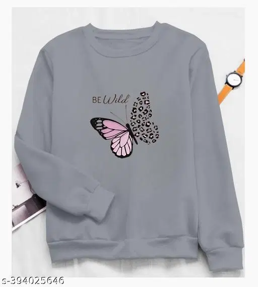 Cotton Printed Sweatshirt for Women (Grey, M)