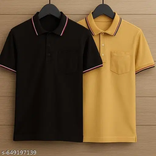 Cotton Blend Solid T-shirt for men, Black & Yellow (M) Pack of 2