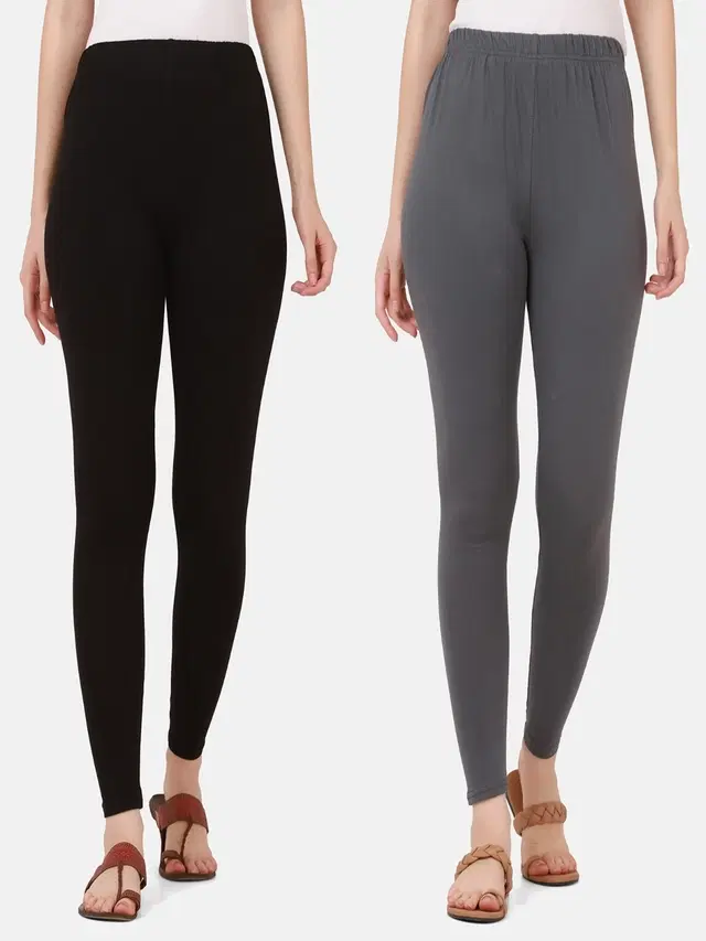Cotton Solid Leggings for Women, Pack of 2 (Black & Grey, L)