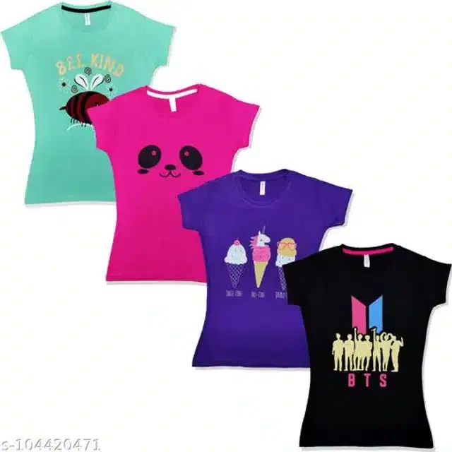 Cotton Half Sleeves T-Shirt for Girls, Pack of 4 (Multicolor, 14-15 Years)