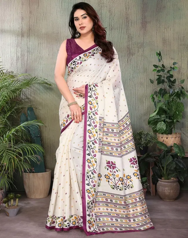 Art Silk Saree for Women, Kalamkari (Purple, Free Size)