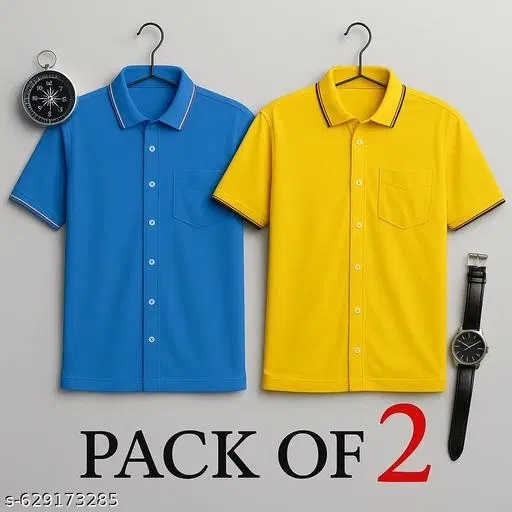 Polyester Solid T-shirt for men, Blue & Yellow (XL) Pack of 2