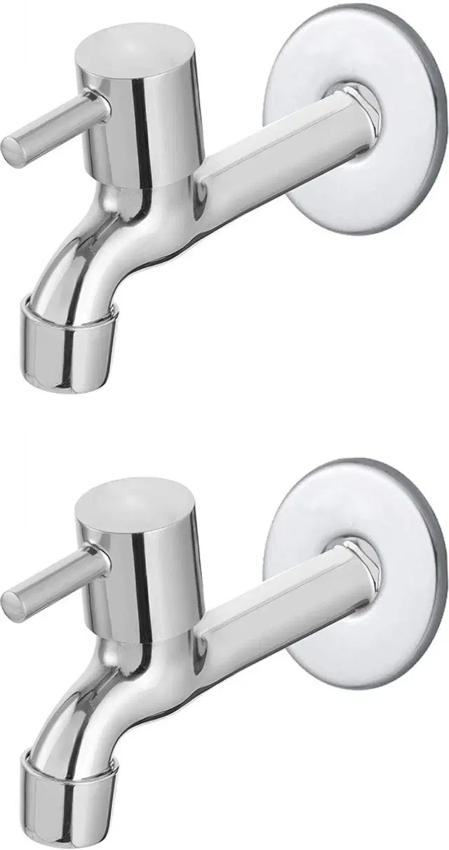 Stainless Steel Long Body Bib Cock Tap with Wall Flange, Silver, Set of 2