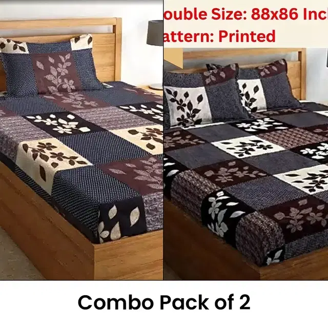 Polycotton (Single 58x88 In) & (Double Bedsheet 88x88 In)with Pillow Cover Multicolor Pack of 2