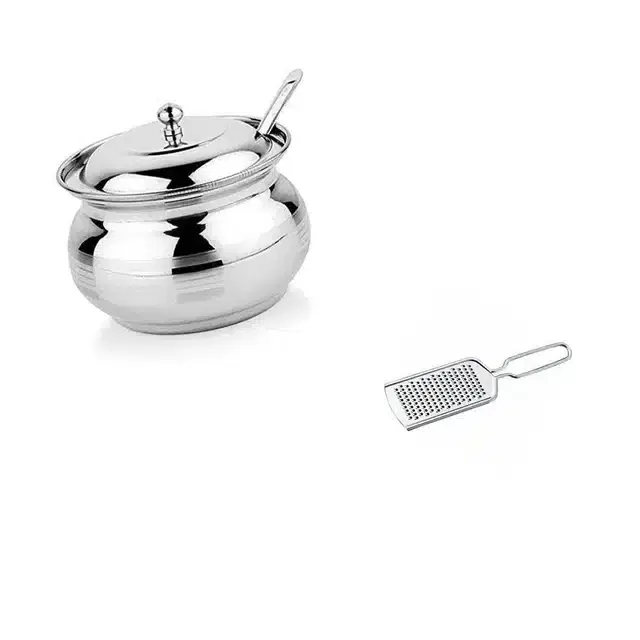Stainless Steel Cheese Grater & Ghee Pot with Spoon, Combo of 2