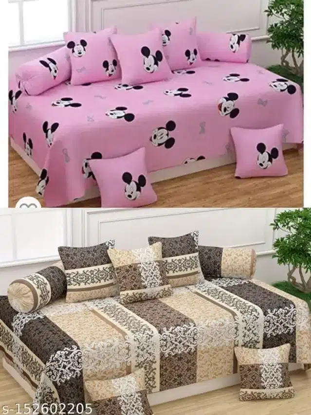 Polycotton Diwan Cover Set, Pink & Beige, Combo of 2