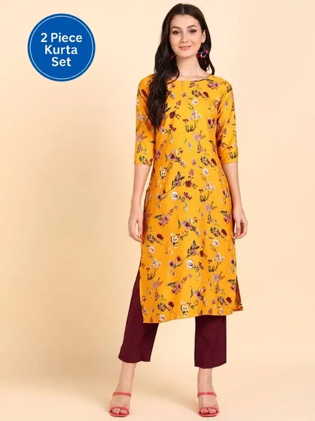 Crepe Floral Print Women's Kurta with Pant Set, Yellow (L)