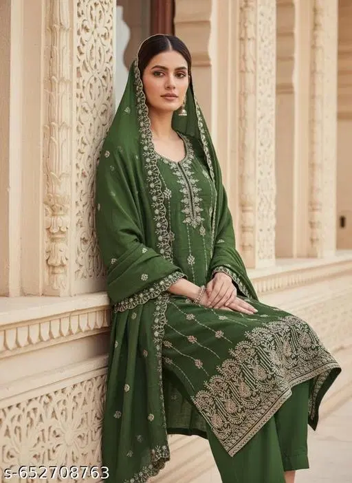 Vichitra Silk Embroidered Unstitched Suit for Women (Green, 6.05 meter, M)