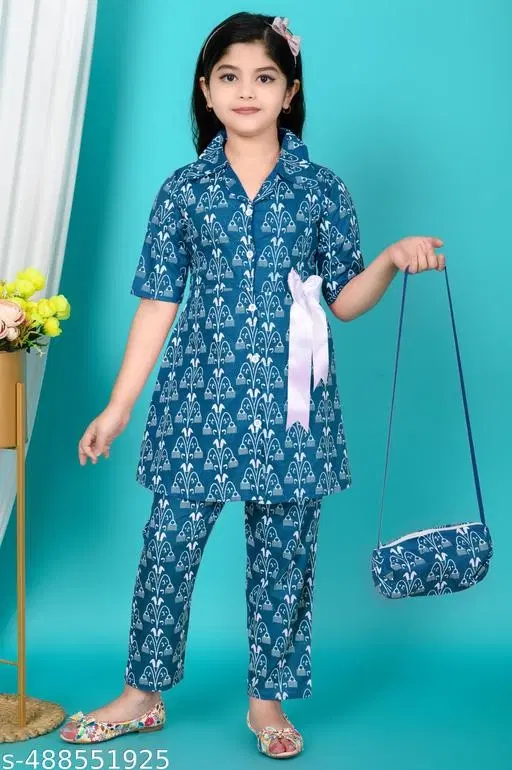 Printed Kurta Pajama Set for Girls (Multicolor, 7-8 Years)